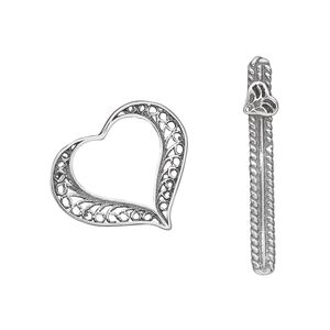 Clasp toggle 1pkg1 sterling silver, 20x18mm heart, antiqued 1-strand