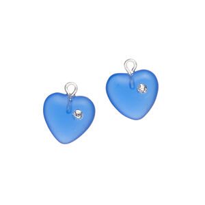 Drop 1pkg2, silver-plated brass / glass / cubic zirconia, translucent dark blue and clear, 11mm frosted heart.