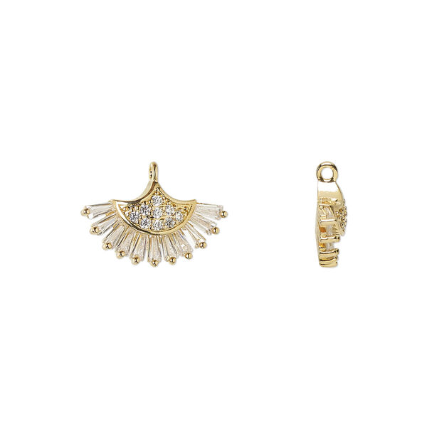 Drop, glass rhinestone and gold-finished brass, clear, 15x9mm single-sided fan. Sold individually. image number 0