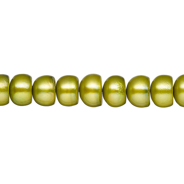Pearl, cultured freshwater (dyed), moss, 7-8mm button, C- grade, Mohs hardness 2-1/2 to 4. Sold per 15-inch strand. image number 0