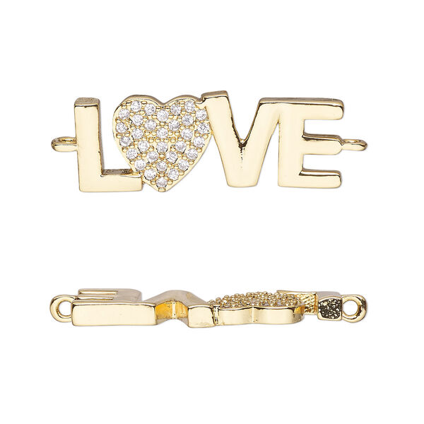 Link, cubic zirconia and gold-finished brass, clear, 23x9mm single-sided "LOVE" with heart. Sold individually. image number 0