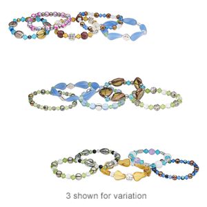 Bracelet mix, stretch, glass with gold- and silver-coated acrylic, mixed colors, 5mm-22x15mm mixed shape, 7 inches. Sold per pkg of 5.