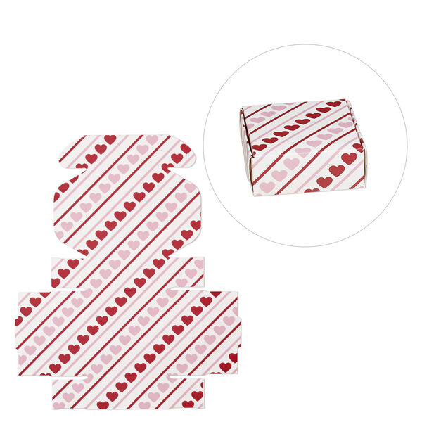 Box, paper, red / pink / white, 3x3x1-inch unassembled square with heart and stripe design. Sold per pkg of 10. image number 0