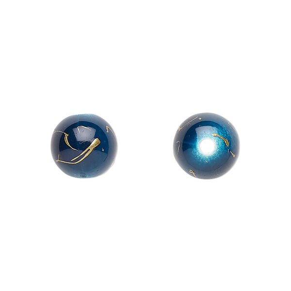 Bead, acrylic, dark blue and gold, 10mm round with swirls. Sold per pkg of 200. image number 0