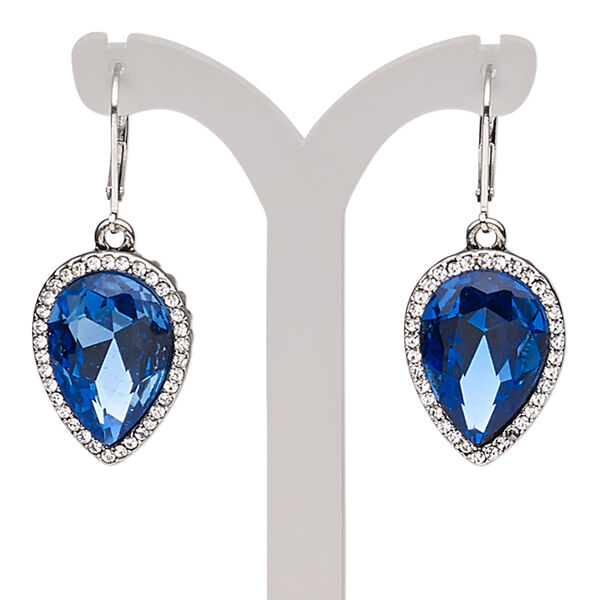 Earring, glass rhinestone / glass / imitation rhodium-plated brass / "pewter" (zinc-based alloy), sapphire blue and clear, 42mm with teardrop and leverback ear wire. Sold per pair. image number 0