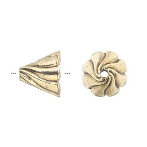Cone, antique gold-plated pewter (tin-based alloy), 13x12mm round with swirl design, fits 12-14mm bead. Sold per pkg of 2.