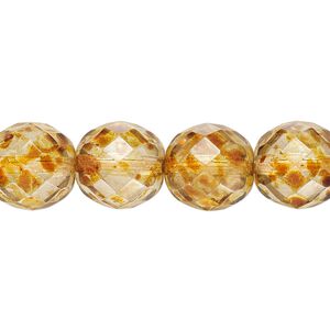 Bead, Czech fire-polished glass, pkg/15-1/2 to 16 inches, 12mm faceted round, translucent tortoise gold, (00030-86800).