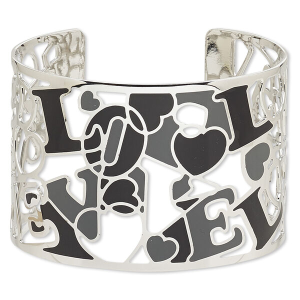 Bracelet, Avant-Garde Jewelry Collection™, cuff, enamel and imitation rhodium-plated brass, black / grey / cream, 50mm wide with cutout and abstract design with "LOVE," adjustable from 7-1/2 to 8 inches. Sold individually. image number 0