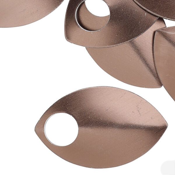 Component, anodized aluminum, brown, 36x22mm 2-sided curved scale blank with 8mm hole, 20 gauge. Sold per pkg of 20. image number 0