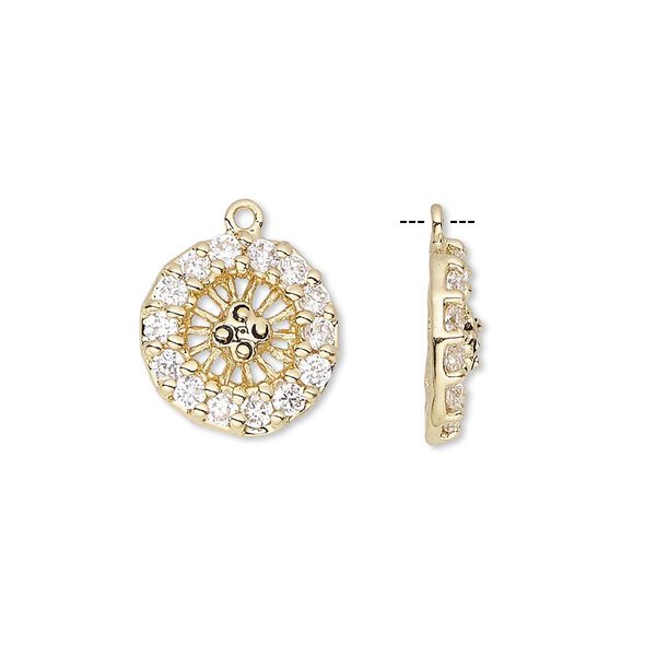 Drop, cubic zirconia and antique gold-finished bronze, clear, 14mm single-sided round wheel with 2mm faceted round. Sold individually. image number 0