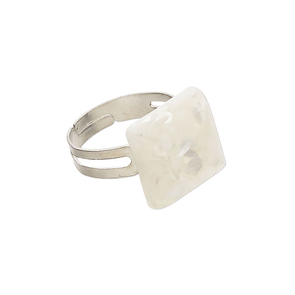 Ring 1pkg1 steel / mother-of-pearl shell, 14mm square, bleached/assembled silver finish / white image number 0