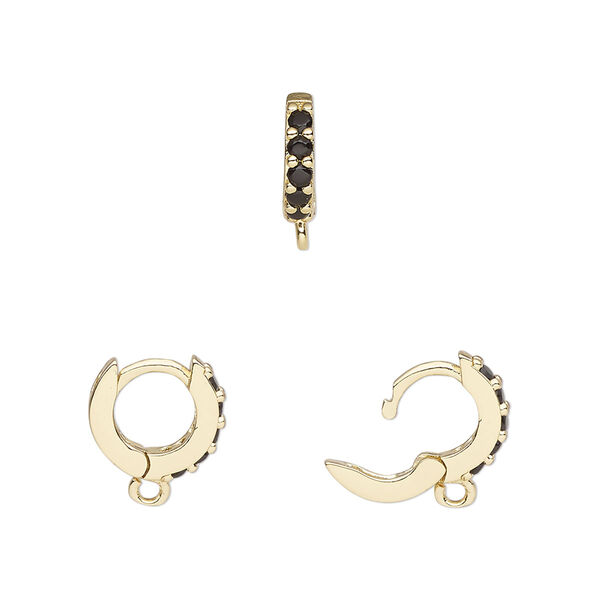 Hoop, gold-finished brass and glass, black, 11mm hoop, 18 gauge. Sold per pair. image number 0