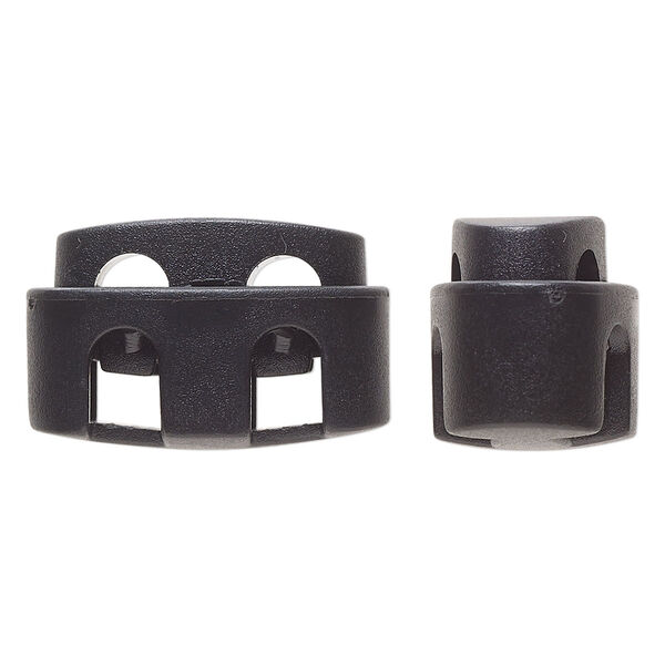 Cord lock, plastic and steel, black, 24 x 13.5 x 15mm flat oval with (2) holes. Sold per pkg of 10. image number 0