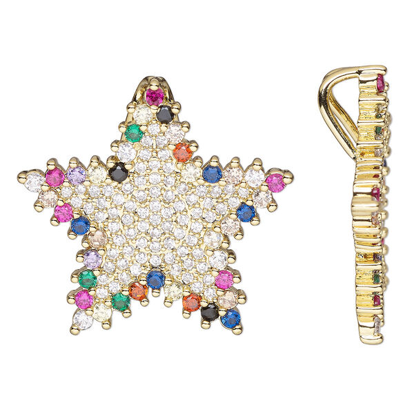 Pendant, cubic zirconia and gold-finished brass, multicolored, 25x23.5mm single-sided star with hidden bail. Sold individually. image number 0