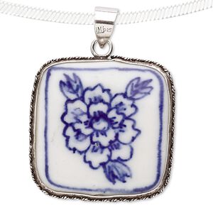 Pendant, sterling silver and porcelain, blue and white, 40x29mm square. Sold individually.
