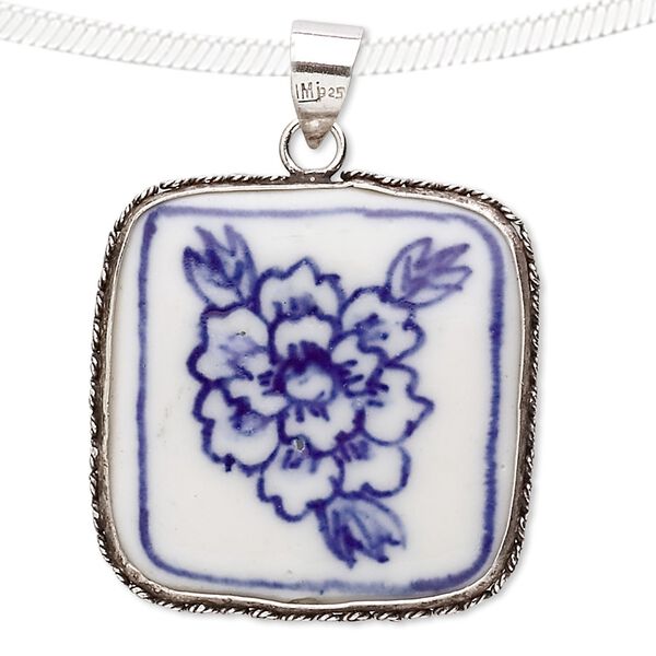 Pendant, sterling silver and porcelain, blue and white, 40x29mm square. Sold individually. image number 0