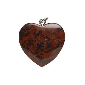 Drop, mahogany jasper (natural), pkg/1, silver finish opaque, 26mm puffed heart, B Grade.