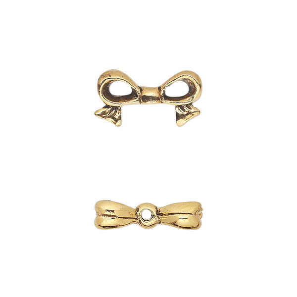 Bead, pewter (tin-based alloy), pkg/1, antique gold plate, 16x9mm double-sided bow, fits 8mm cube. image number 0