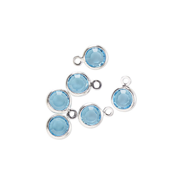 Drop, glass rhinestone and silver-finished brass, aqua blue, 6-6.5mm faceted round. Sold per pkg of 6. image number 0