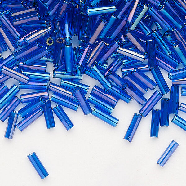 Bead, Preciosa Ornela Czech glass, bugle bead, pkg/500g, 1/4 inch, rainbow translucent sapphire blue, (61300). image number 0