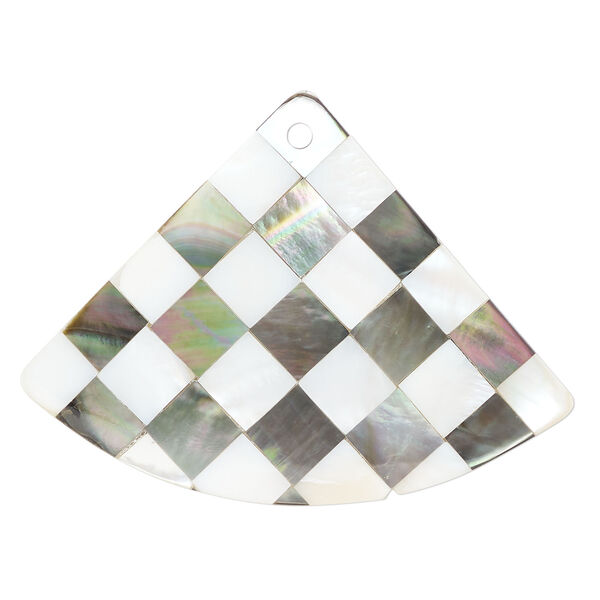 Focal, black lip shell / mother-of-pearl shell / resin (assembled) 1pkg1, 62x44mm-65x49mm top-drilled 1sided fan with checkerboard pattern. image number 0