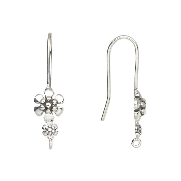 Ear wire, antiqued sterling silver, 29mm fishhook with flower and open loop, 20 gauge. Sold per pair. image number 0