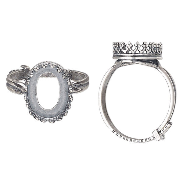 Ring, JBB Findings, antique silver-plated brass, 15.5mm wide with decorative trim and 14x10mm oval bezel setting, adjustable from size 8-11. Sold individually. image number 0