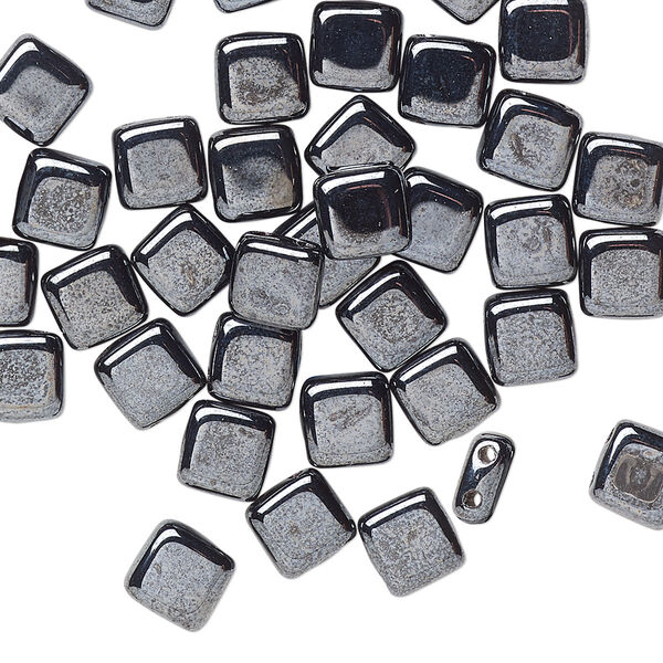 Bead, Preciosa, Czech pressed glass, opaque hematite, 6x6mm flat square with (2) 0.7mm holes. Sold per pkg of 40. image number 0