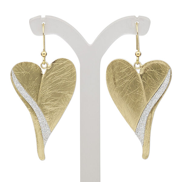 Earring, gold-finished brass and steel, silver with glitter, 2 inches with scratched heart and fishhook ear wire. Sold per pair. image number 0