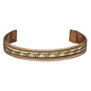 Bracelet, cuff, antiqued copper and brass, 11mm wide with twisted wire and elephant design, 8-inch adjustable. Sold individually.