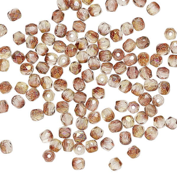 Bead, Czech fire-polished glass 1pkg1200, pink and peach luster, 3mm faceted round. image number 0
