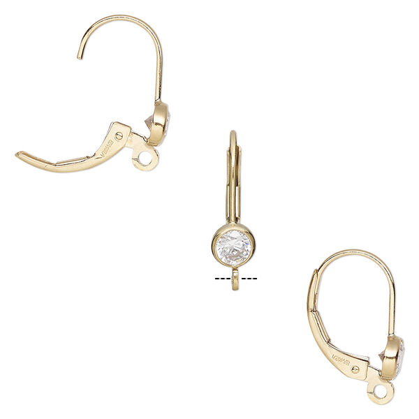 Ear wire, cubic zirconia and 14Kt gold-filled, clear, 17mm leverback with 4mm faceted round and open loop. Sold per pair. image number 0