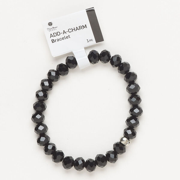 Bracelet, stretch, silver-finished brass and glass, black, 8mm faceted rondelle and 5x6mm rondelle with bottom loop, 6-1/2 inches. Sold individually. image number 0
