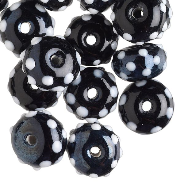 Bead, lampworked glass, black and white, 13x9mm bumpy rondelle. Sold per pkg of 24. image number 0