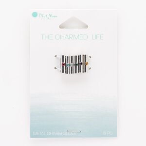 Slide, glass and silver-finished "pewter" (zinc-based alloy), multicolored, 13x3mm with 10x2mm hole. Sold per pkg of 6.