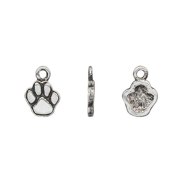 Charm, pewter (tin-based alloy), pkg/1, antique silver plate, 12.5x9mm paw print. image number 0