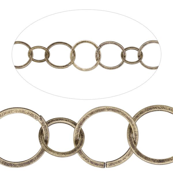 Chain, antique gold-plated brass, 10mm and 14mm open flat round. Sold per pkg of 5 feet. image number 0
