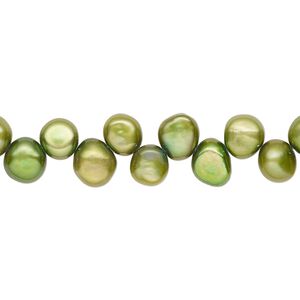 Pearl, cultured freshwater (dyed), dark yellow-green, 5-6mm top-drilled flat-sided potato with 0.4-0.5mm hole, D grade, Mohs hardness 2-1/2 to 4. Sold per 14-inch strand.