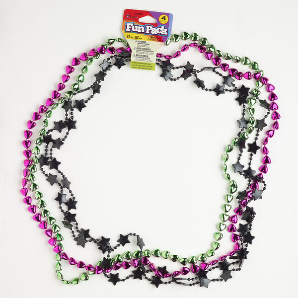 Necklace assortment acrylic 4pk 9mm puffed heart 13mm puffed star, metallic metallic green pink opaque black 33 inch image number 0