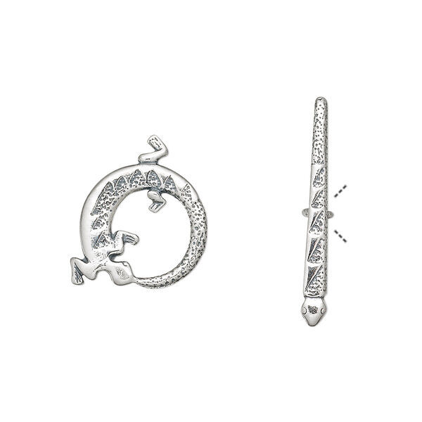 Clasp, JBB Findings, toggle, antiqued sterling silver, 13mm round with lizard. Sold individually. image number 0