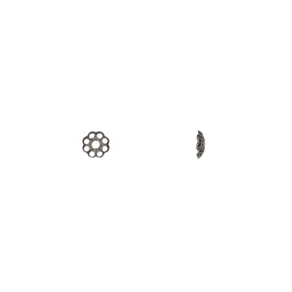 Bead cap, gunmetal-plated brass, stamped, 4x1mm fancy round with cutout pattern, fits 4-6mm bead. Sold per pkg of 100. image number 0