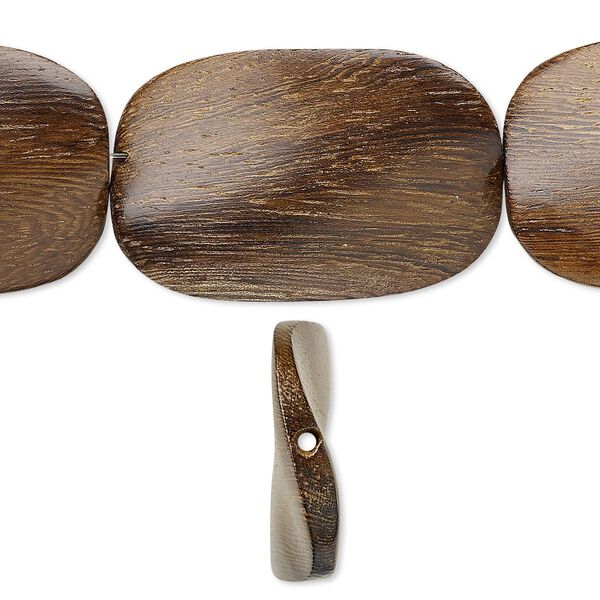Bead, wood (waxed), 40x28mm hand-cut twisted flat oval. Sold per 15-1/2" to 16" strand. image number 0