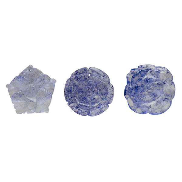 Focal mix, glass, translucent dark purple, 39x35mm-41x41mm top-drilled carved speckled flower. Sold per pkg of 3. image number 0