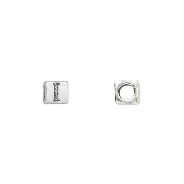 Bead, sterling silver, 5.5mm cube with alphabet letter "I." Sold individually. image number 0