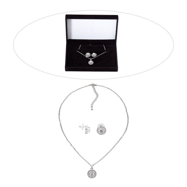 Necklace and earring set, cubic zirconia / stainless steel / rhodium-finished brass, clear, 23mm dangle, 15" to 16" necklace with 2-inch extender chain and lobster claw clasp, 15.5mm earrings with post. Sold per set. image number 0