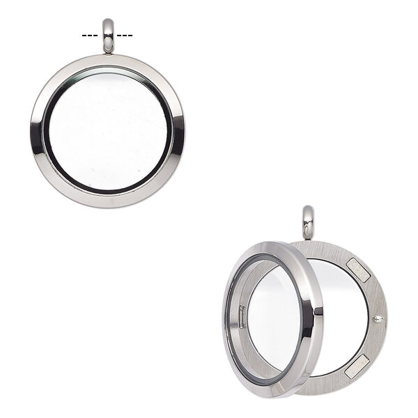 Pendant, glass and stainless steel, clear, 37x30mm round float locket with 22x4mm inside diameter and magnetic closure. Sold individually. image number 0
