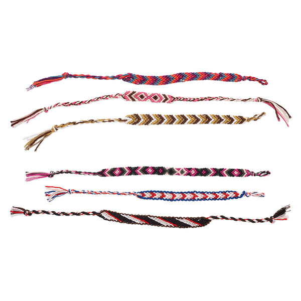 Bracelet mix, knit cotton, mixed colors, 7-12mm wide, adjustable up to 8 inches with tie and button closure. Sold per pkg of 3. image number 0