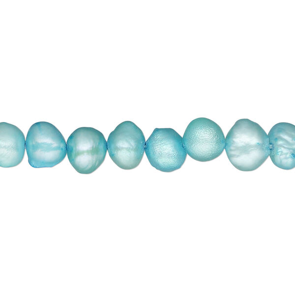 Pearl, cultured freshwater (dyed), teal blue, 6-7mm flat-sided potato, D- grade, Mohs hardness 2-1/2 to 4. Sold per 16-inch strand. image number 0
