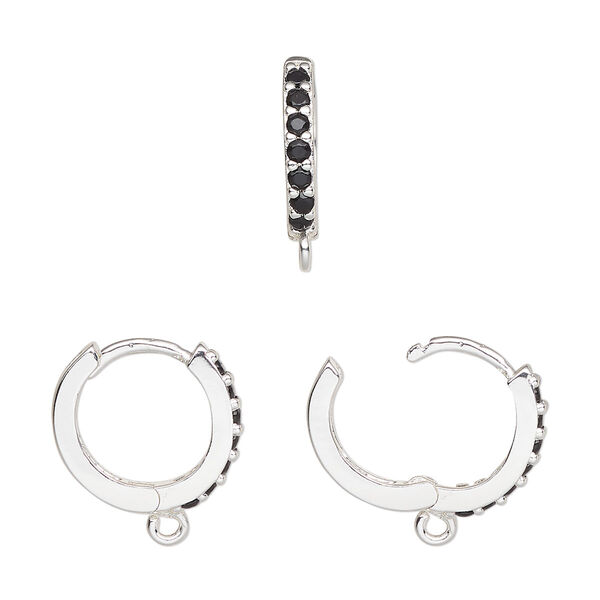 Hoop, silver-finished brass and glass, black, 15mm hoop, 17 gauge. Sold per pair. image number 0