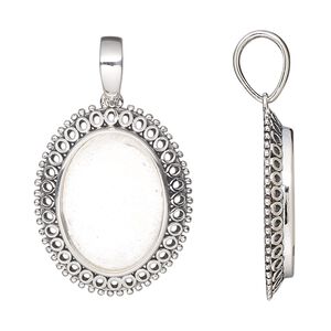 Pendant, antiqued sterling silver, 25.5x21mm oval with fancy rim and 18x13mm oval bezel setting. Sold individually.
